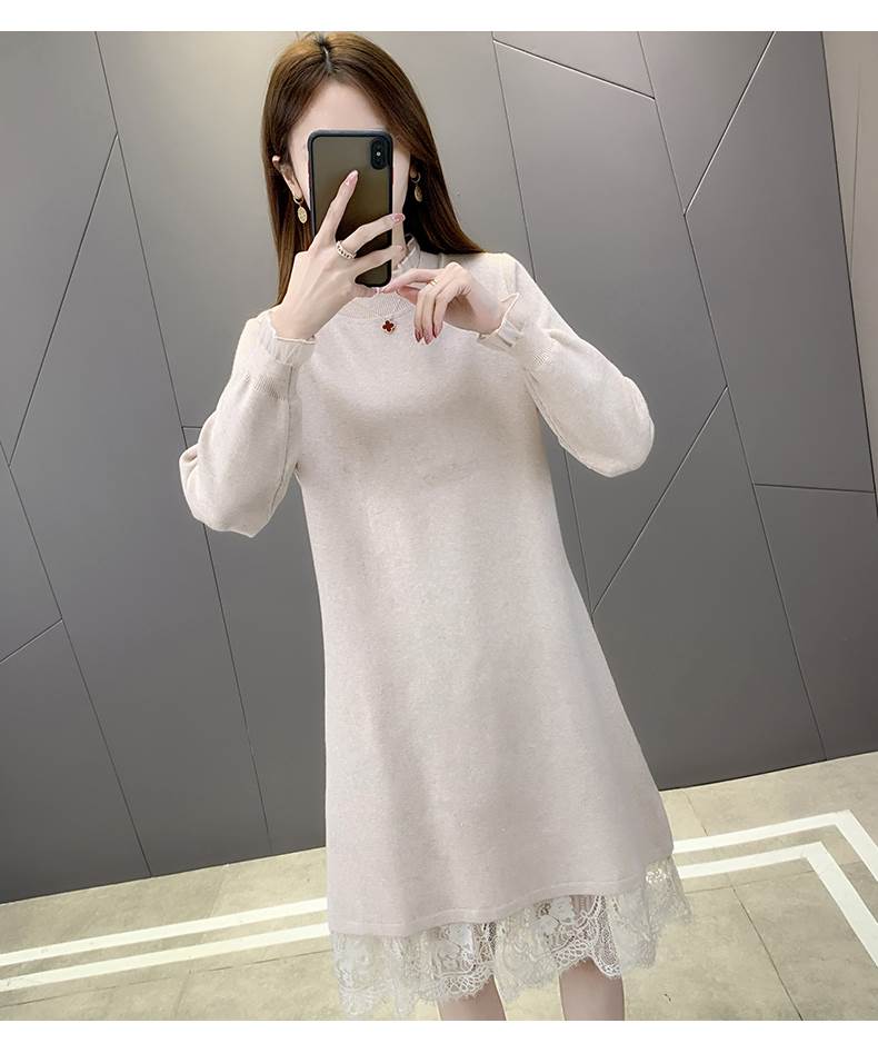 裾レース ミモレ丈 ニット ワンピース フレアワンピース 膝下 ミモレ 袖あり 長袖 ハイネック スタンドカラー セミフレア 切り替えデザイン ドッキング レース フリル リブ リブニット 編み込み かわいい 大人可愛い きれいめ シンプル カジュアル 大人 上品 おしゃれ