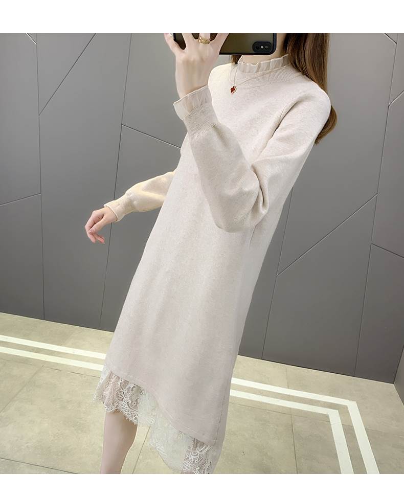 裾レース ミモレ丈 ニット ワンピース フレアワンピース 膝下 ミモレ 袖あり 長袖 ハイネック スタンドカラー セミフレア 切り替えデザイン ドッキング レース フリル リブ リブニット 編み込み かわいい 大人可愛い きれいめ シンプル カジュアル 大人 上品 おしゃれ
