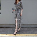 ラップスカート スリット ロング ワンピース フレアワンピース ワンピドレス ロング丈 マキシ マキシ丈 アンクル丈 袖あり 7分袖 七分袖 Vネック カシュクール フレア Iライン リボン ウエストリボン 前開き かわいい 大人可愛い きれいめ カジュアル 大人 上品 おしゃれ