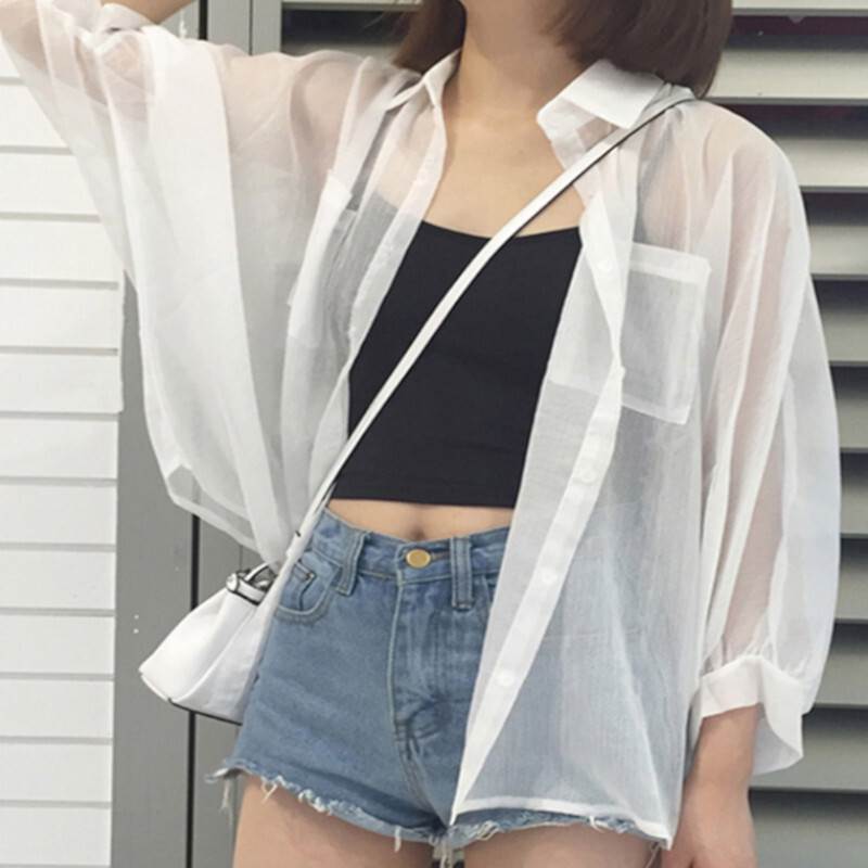 トップス シャツ ブラウス 袖あり 長袖 シースルー 前開き 透け感 シャツ かわいい 大人可愛い きれいめ シンプル カジュアル 大人 上品 おしゃれ レトロ 大人女子 こなれ感 エレガント 紫外線防止 羽織 無地 春 秋 10代 20代 30代 40代 オフィス デート お出かけ 女子会(4.0)