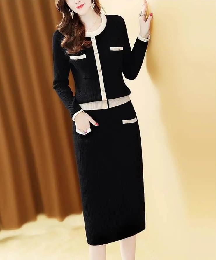 ニット カーディガン セーター タイトスカート セットアップ トップス スカート ニットソー ペンシルスカート 膝丈 ひざ丈 袖あり 長袖 Vネック Uネック 襟なし タイト ポケット リブ 前開き ウエストゴム リブニット 編み込み かわいい 大人可愛い きれいめ シンプル