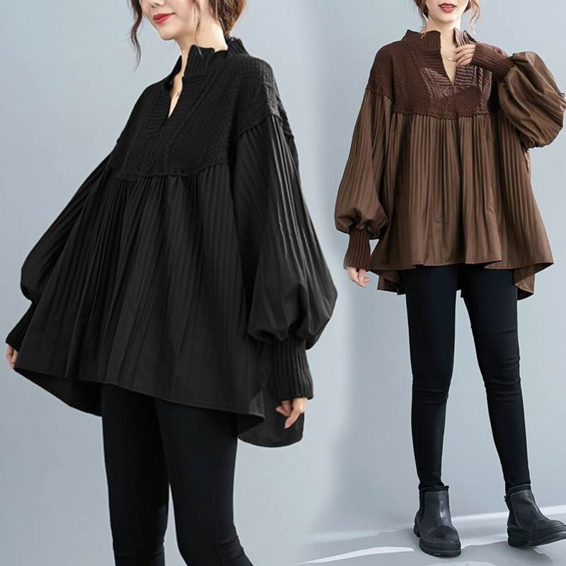 Other - 異素材ミックス ドッキング チュニック トップス カットソー プルオーバー 袖あり 長袖 ハイネック スキッパー フレア Aライン 切り替えデザイン プリーツ リブニット かわいい 大人可愛い きれいめ シンプル カジュアル 大人 上品 おしゃれ かっこいい 大人女子 こなれ感