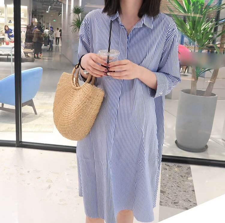 トップス ワンピース シャツワンピース マタニティワンピース 膝丈 ミドル丈 袖あり 七分袖 襟付き ストレート かわいい きれいめ シンプル カジュアル 大人 上品 お洒落 大人可愛い 大人女子 こなれ感 ストライプ柄 春 夏 秋 10代 20代 30代 40代 レディース 女性用 妊婦