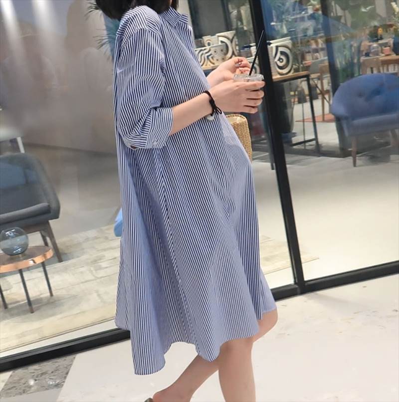 トップス ワンピース シャツワンピース マタニティワンピース 膝丈 ミドル丈 袖あり 七分袖 襟付き ストレート かわいい きれいめ シンプル カジュアル 大人 上品 お洒落 大人可愛い 大人女子 こなれ感 ストライプ柄 春 夏 秋 10代 20代 30代 40代 レディース 女性用 妊婦