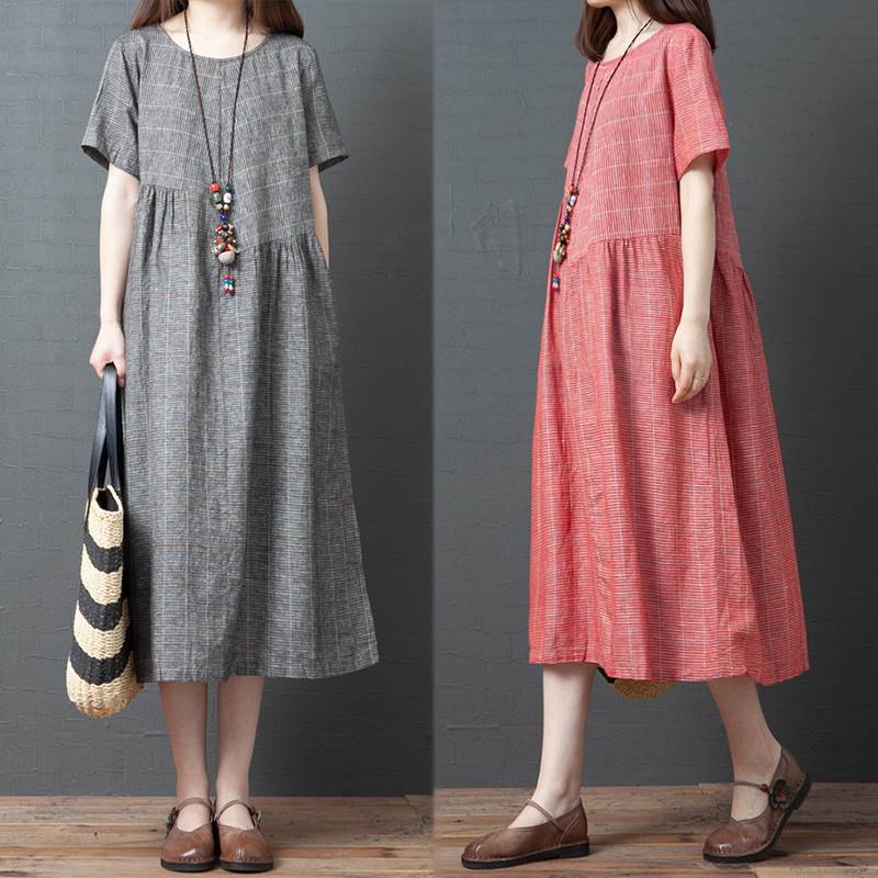 トップス ワンピース シャツワンピース ロング丈 袖あり 半袖 5分袖 ラウンドネック 襟なし ストレート ワイド Aライン 前開き かわいい きれいめ シンプル カジュアル 大人 上品 お洒落 大人可愛い 大人女子 こなれ感 ストライプ 春 夏 10代 20代 30代 レディース 女性用