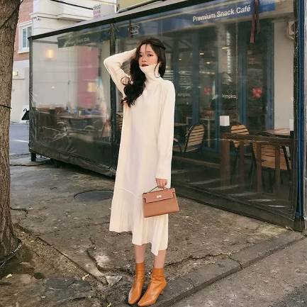 ワンピース プリーツスカート ワンピドレス ロング ロング丈 袖あり 長袖 ハイネック タートルネック 襟なし セミフレア Aライン 切り替えデザイン ドッキング ポリエステル ニット かわいい 大人可愛い シンプル 大人 上品 おしゃれ お洒落 アジアン エスニック