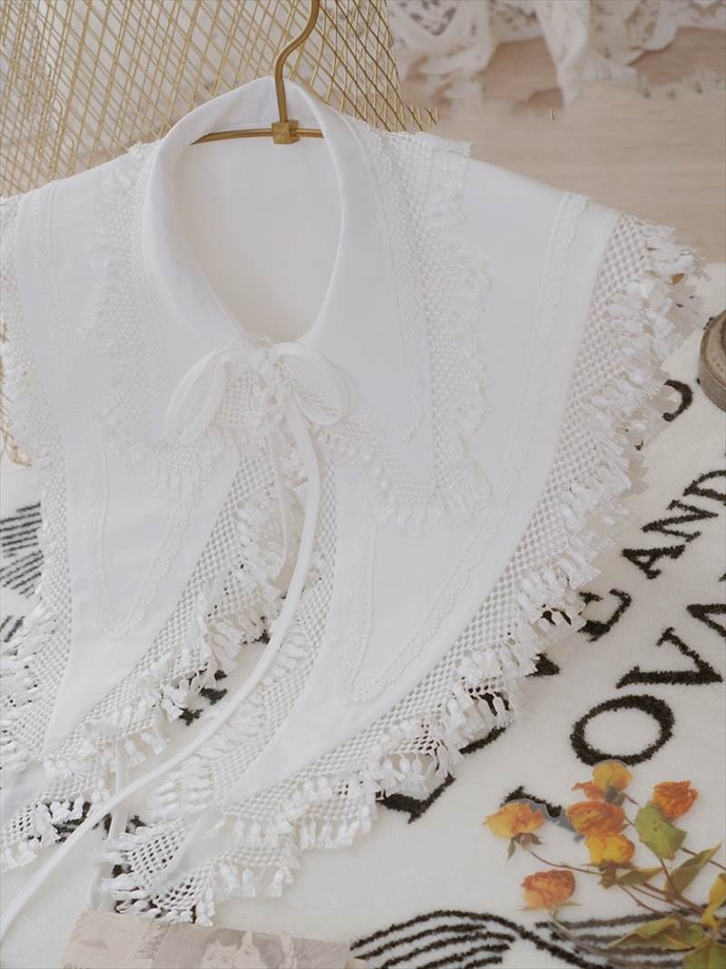つけ襟 レース ステッチ リボン タッセル Vネック ショール アクセサリー付き 飾り アクセサリー かわいい きれいめ シンプル カジュアル 大人可愛い おしゃれ お洒落 こなれ感 個性的 フェミニン クール レトロ レースステッチ 無地 オールシーズン 春 夏 秋 冬 10代