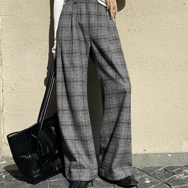 グレンチェック タックウエスト ワイドパンツ ボトムス パンツ ガウチョパンツ ロング ロング丈 アンクル丈 ワイド ファスナー ポケット かわいい 大人可愛い きれいめ カジュアル 大人 上品 おしゃれ 大人女子 こなれ感 ラフ マニッシュ ラブリー ルーズ モード系