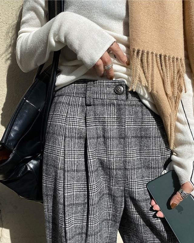 グレンチェック タックウエスト ワイドパンツ ボトムス パンツ ガウチョパンツ ロング ロング丈 アンクル丈 ワイド ファスナー ポケット かわいい 大人可愛い きれいめ カジュアル 大人 上品 おしゃれ 大人女子 こなれ感 ラフ マニッシュ ラブリー ルーズ モード系