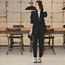 ダブルジャケット テーパードパンツ パンツスーツ セットアップ アンクル丈 袖あり 長袖 Vネック 襟付き ストレート ポケット 前開き 上下セット 2点セット...