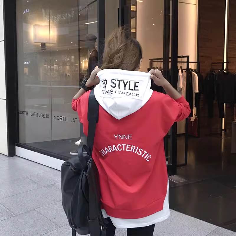 レイヤード風 フード パーカー トップス プルオーバー フーディー 袖あり 長袖 ドロップショルダー 萌袖 襟なし 切り替えデザイン ドッ..