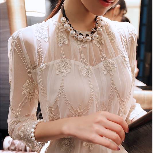 七分袖 総レース パーティー ドレス パーティードレス パーティドレス ロングドレス Aラインドレス ロング ロング丈 袖あり 7分袖 Uネック 襟なし Aライン フレア レース 刺繍 シフォン 透け感 シースルー パール ビジュー かわいい 大人可愛い きれいめ 大人 上品 おしゃれ