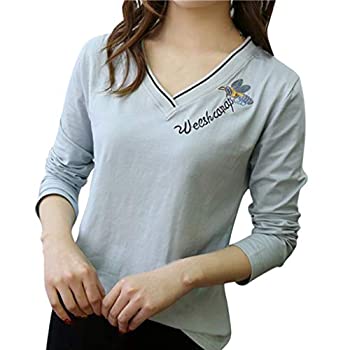 【中古】Hodarey レディース ブラウス 女性 可愛い 韓国風 トップス 文字柄 長袖 Vネックブラウス tシャツ 春夏秋冬服 柔らかい ワイシャツ カジュアル