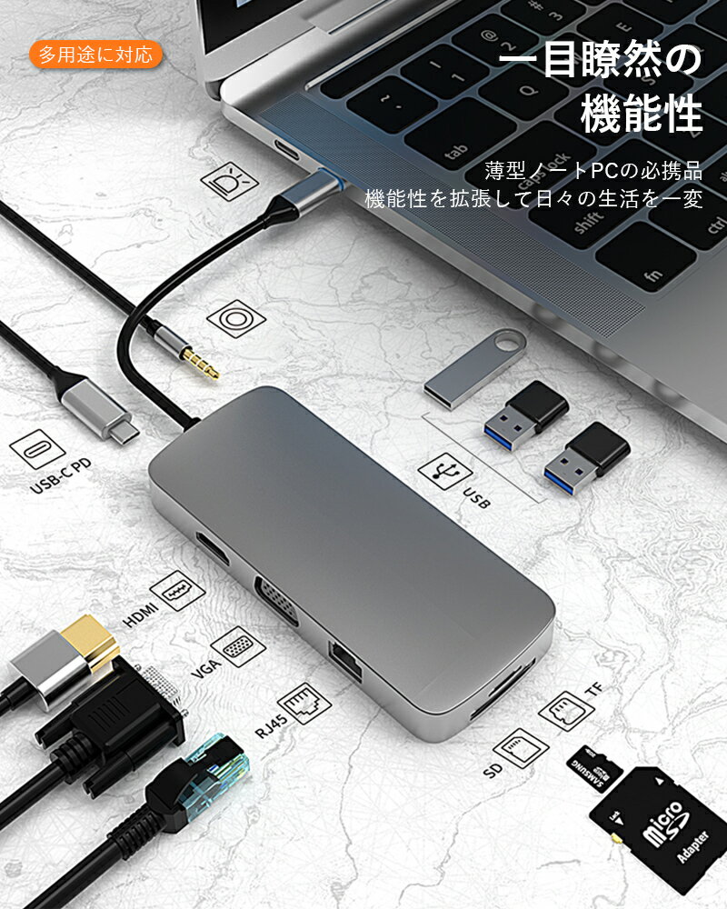 2022最新型 HDMI 4K USB3.0 PD100w VGA LAN対応 軽量アルミ合金 USB変換アダプター USB Type-C ハブ SD  microSDカードリーダー MacBook ノートパソコン ノートPC surface iPad Air4 Pro2018 2020  Android対応 衝撃特価