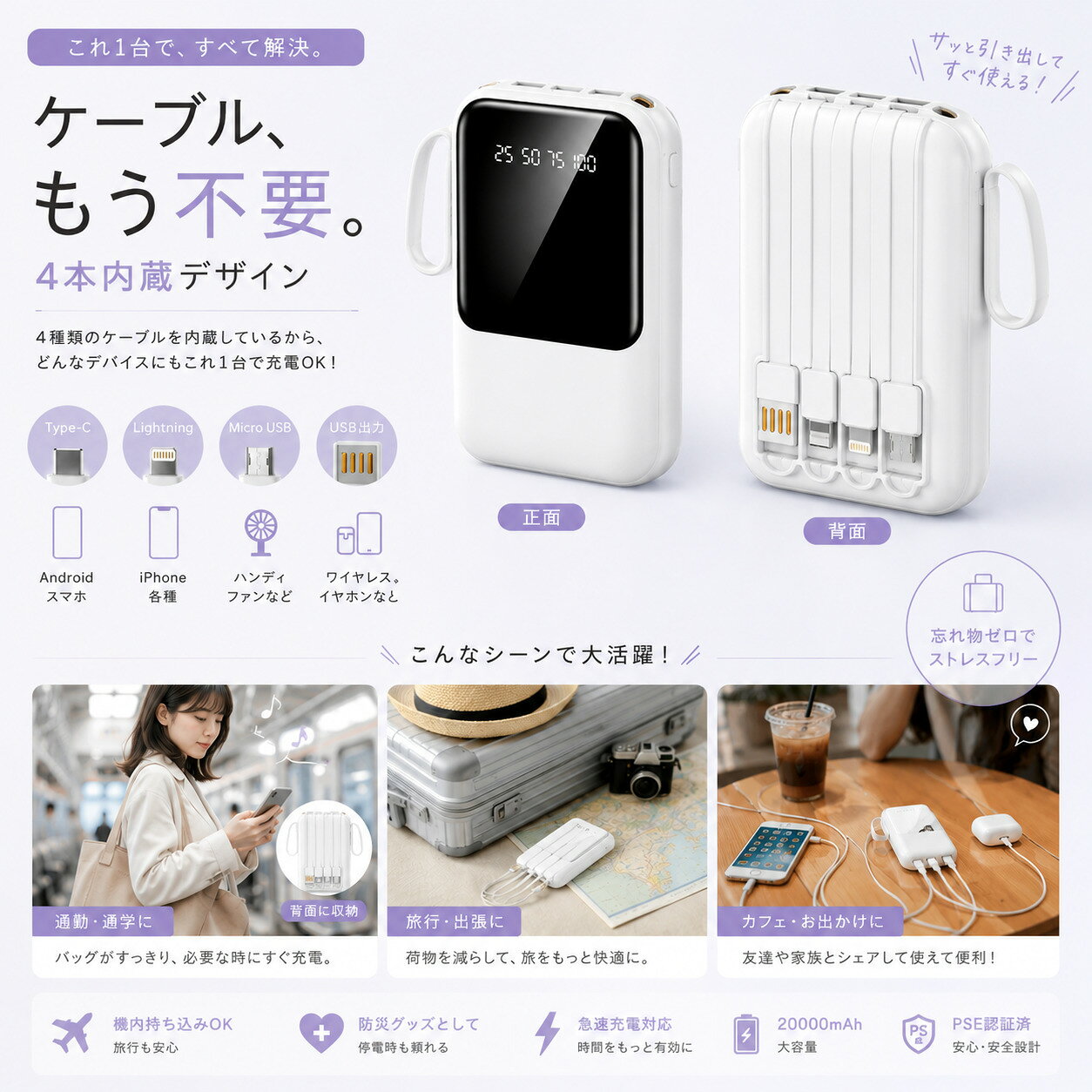 【SS限定！1,880円/点 クーポンで！さらにP5倍！】モバイルバッテリー 20000mAh ケーブル内蔵 急速充電 LED残量表示 2台同時充電 大容量 コンパクト 持ち運び スマホ充電器 防災グッズ 旅行 出張 iPhone Android Type-C対応 comicil-10000019 CAMPING REGION サンプル画像2