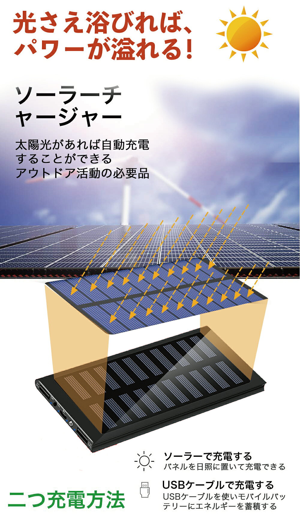 【マラソン限定！ポイント15倍+クーポン配布中！】モバイルバッテリー ソーラーチャージャー 30000mAh 大容量 PSE認証済 急速充電 USB出力 2台同時充電 太陽光充電 ソーラーモバイルバッテリー iPhone Android対応 防災グッズ キャンプ アウトドア comicil-10000021 CAMPING REGION サンプル画像3