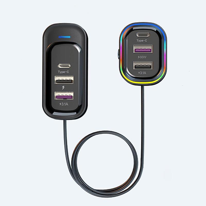 Raksonic 車のシガーライターソケット、Type-C &amp; USB急速充電ポート、車の充電器、LEDリアルタイム電圧検出、インテリジェント温度制御、出力電力130W、カラフルなアンビエントライト、12-24V