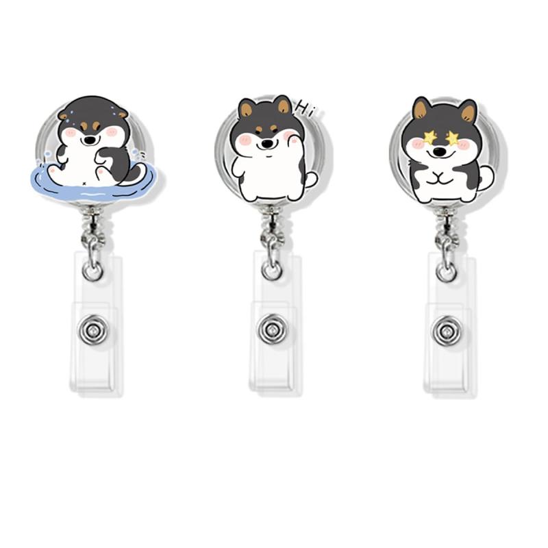  柴犬 リールクリップ 名札 可愛い 3個セット アクリル製 ネームホルダー リールキーホルダー カードホルダー 伸縮