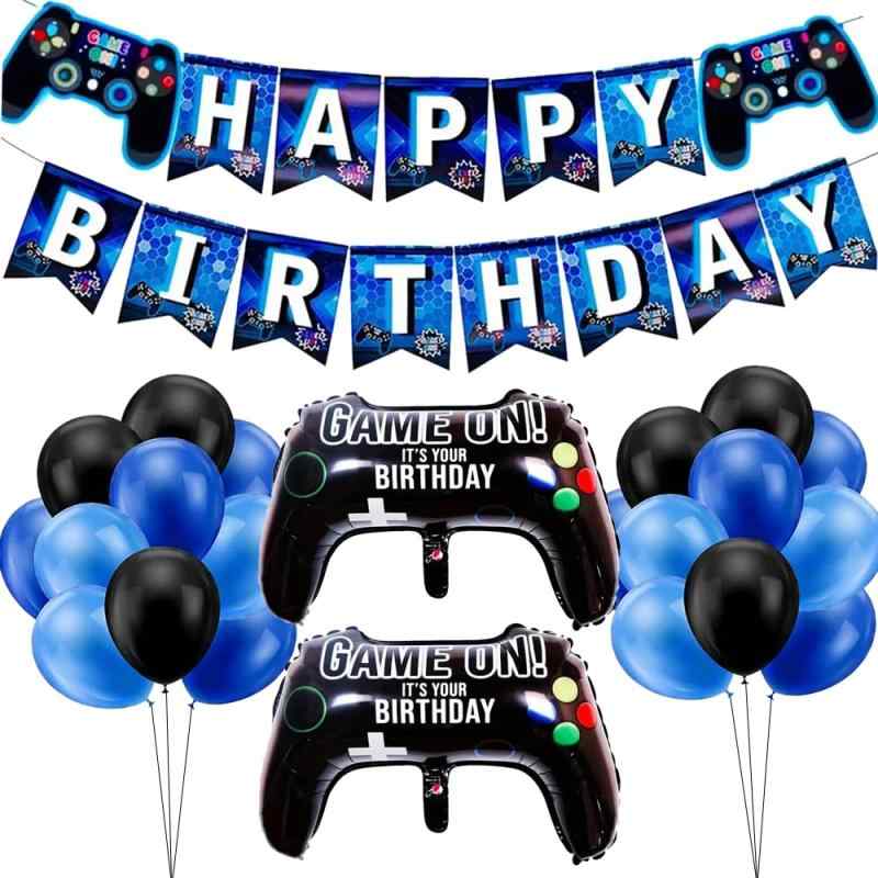 乐天商城 - ESJNNK ゲーム 誕生日 パーティー飾り付け 風船バルーン ブルー Happy Birthday バナー ガーランド ゲームコントローラ 風船 男子 女子 バースデー飾り