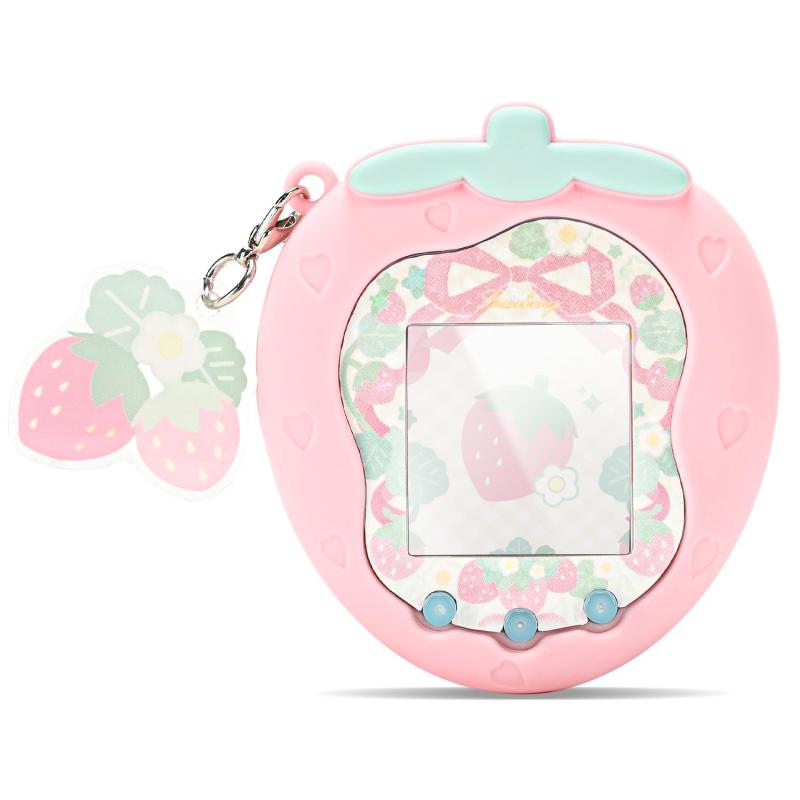 GeekShare For Tamagotchi Uniケース タマゴッチ Uni専用 クリアケースシリコン 保護カバー 衝撃保護 指紋防止 防汚防水 ギス防止 装着充電可能 おしゃれなチャームとスティッカー付き-イチゴ