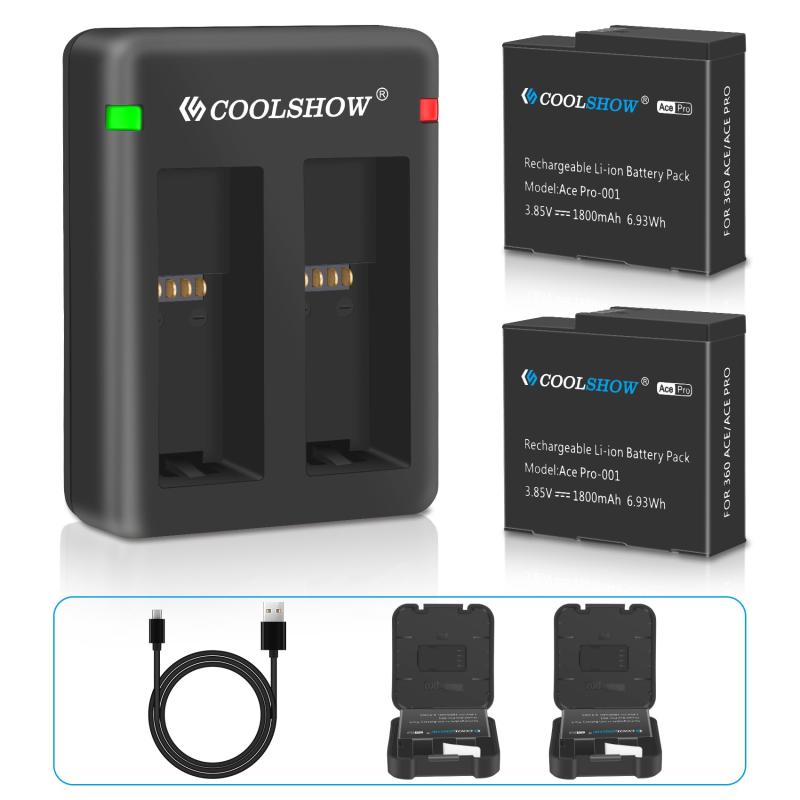 COOLSHOW Insta360 Ace/Ace Pro/Ace Pro 2 バッテリー交換 1800mAh 2個とデュアル Insta360 Ace/Ace Pro/Ace Pro 2充電器バンドル、Insta360 Ace/Ace Pro/Ace