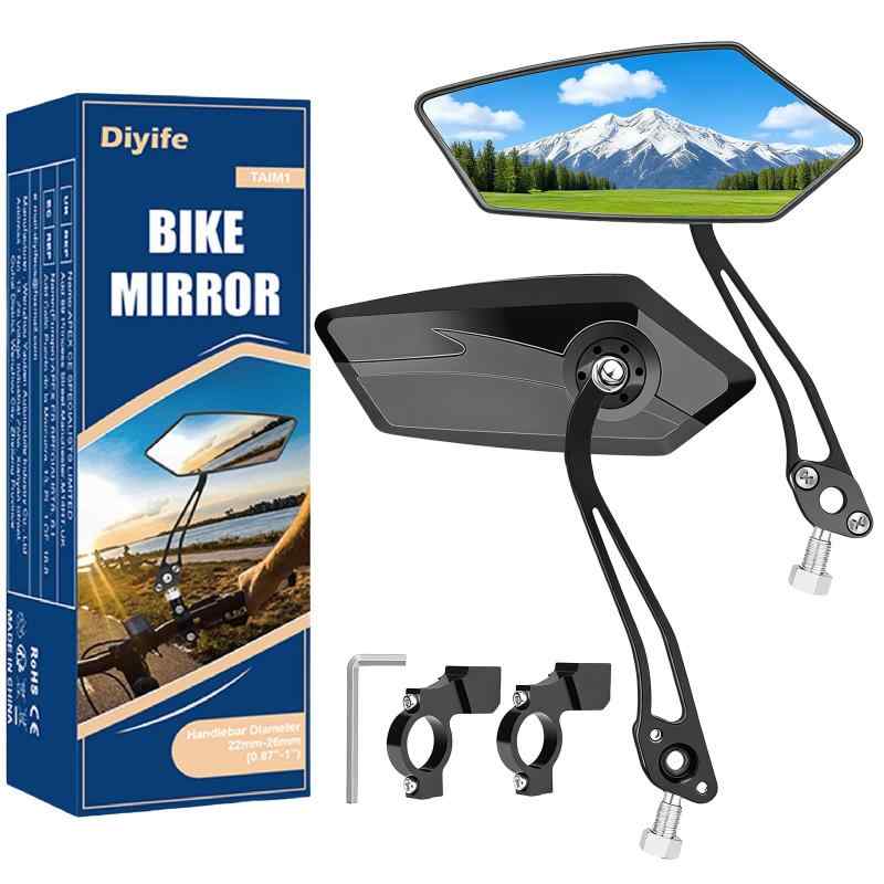 バイクミラー Diyife HD広角大型ハンドルミラー、2 Pcs 耐風360°調整可能自転車リアビューミラーアクセサリー、マウンテンバイク、ロードバイク、スクーター、モト用
