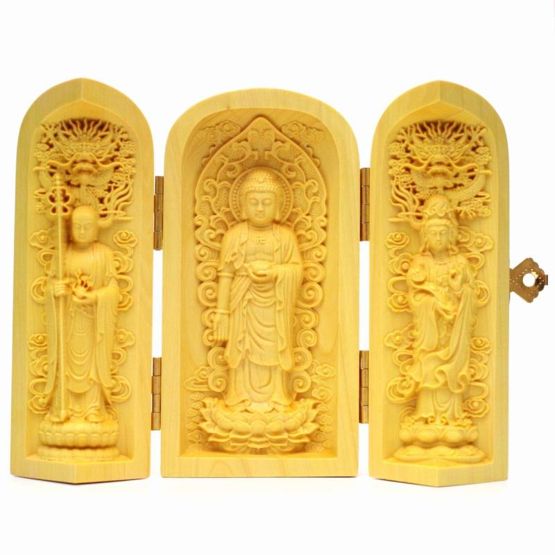 乐天商城 - 仏像 阿弥陀如来 地蔵菩薩 観音菩薩 天然木製(柘植ツゲ) 高さ約10cm 阿弥陀三尊像 木彫 彫刻 三開仏 [並行輸入品]