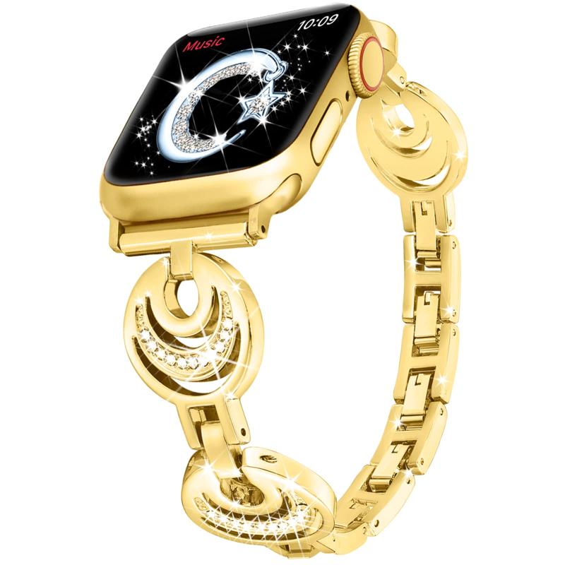 互換Apple Watchバンド アップルウォッチ ベルト ステンレス series7/6/SE/5/4/3/2/1対応 ダイヤモンド付き 金属ベルト 女性向け キラキラ お洒落 みかづきの形 取り付け簡単