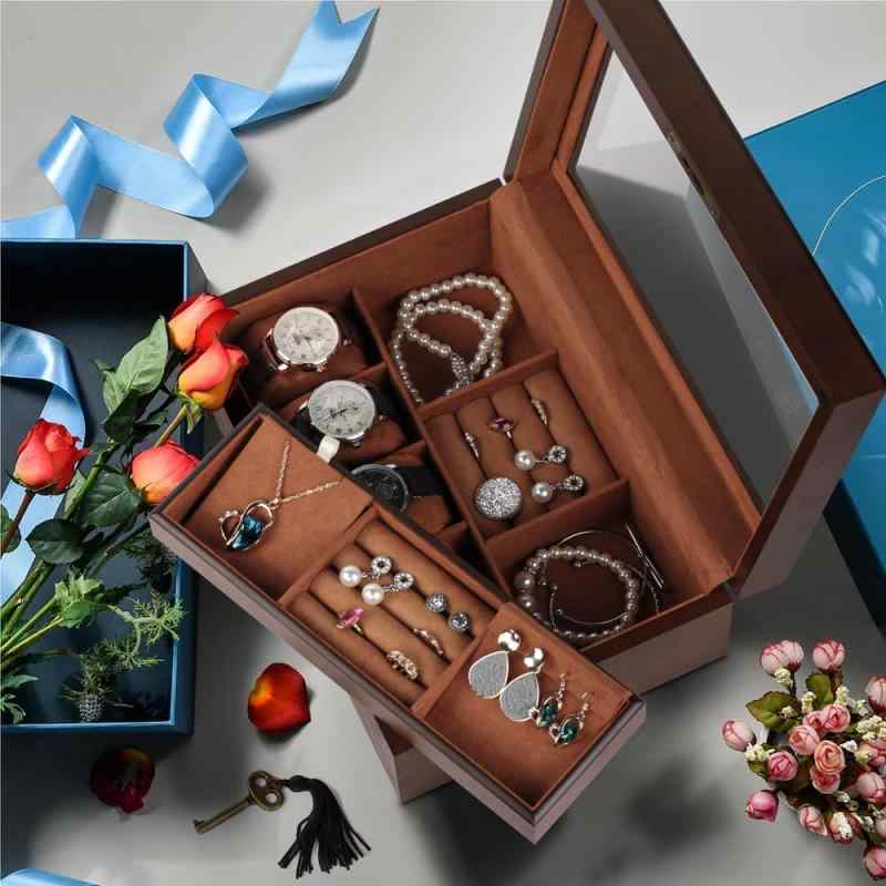 Baskiss Luxury 2-Tier Wooden Watch & Jewelry Storage Box, Watch Case with Lock and Key, Holds 5 Watches, 2 Tiers for Accessory Storage, Suitable for Earrings, Rings, Bracelets, etc.