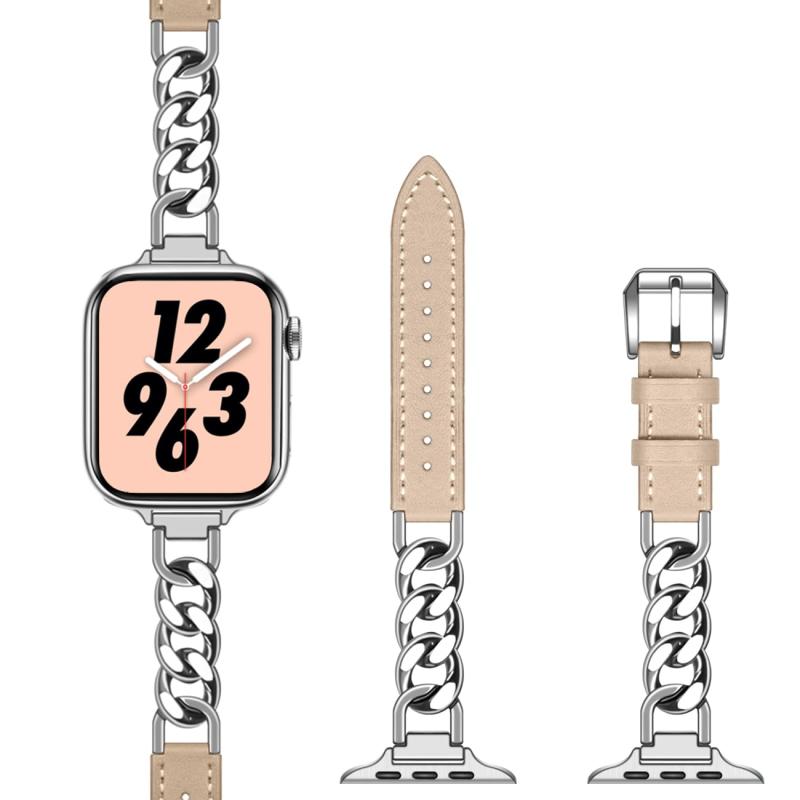 Apple Watch対応レディース49mm 45mm 44mm 42mm 41mm 40mm 38mm、Ultra 2 1 iWatchシリーズ9 8 7 6 5 3 2 1 SE Dressyステンレスチェーンレザーベルト 41mm 40mm 38m