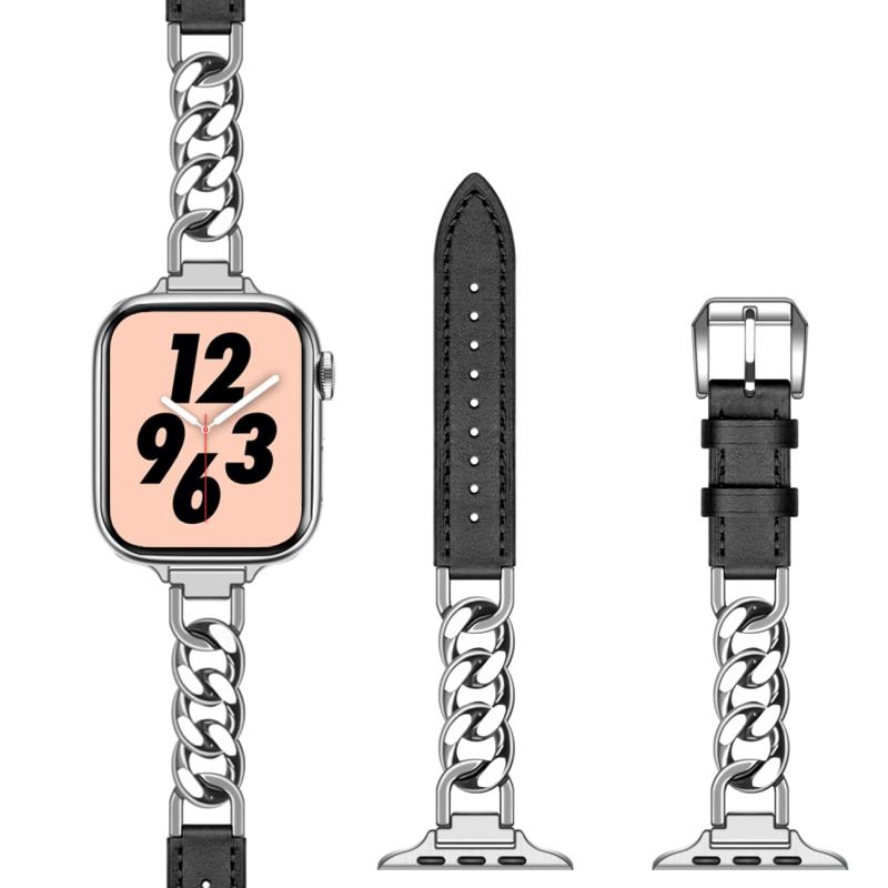 Apple Watch対応レディース49mm 45mm 44mm 42mm 41mm 40mm 38mm、Ultra iWatchシリーズ11 10 9 8 7 6 5 3 2 1 SE Dressyステンレスチェーンレザーベルト 41mm 40mm 3
