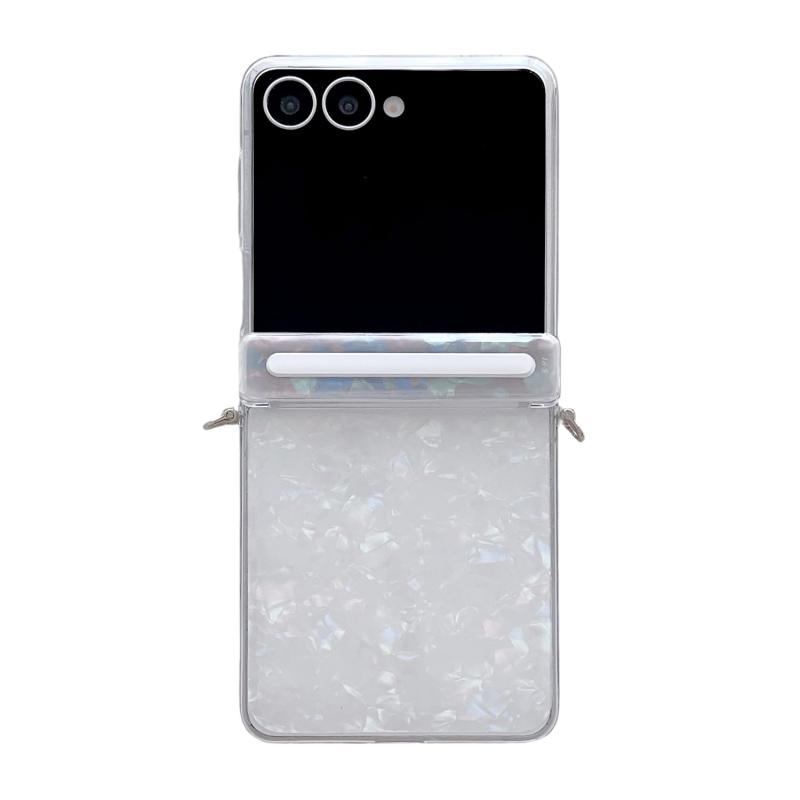 Galaxy Z Flip7専用 ケース 幻彩 3D 貝殻紋 ヒンジ保護カバー付き ストラップホール 超薄軽量+ワイヤレス充電対応-侧扣贝壳纹中轴