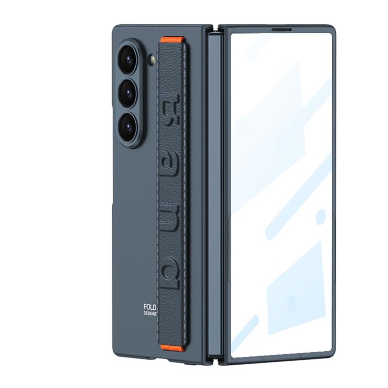 スマホ携帯ケースビジネス手帳型 レザー手首紐付き 一体型強化ガラス膜 超薄型 軽量 マットの表面 全方位保護 ワイヤレス充電対応 - 壳膜超薄腕带精孔
