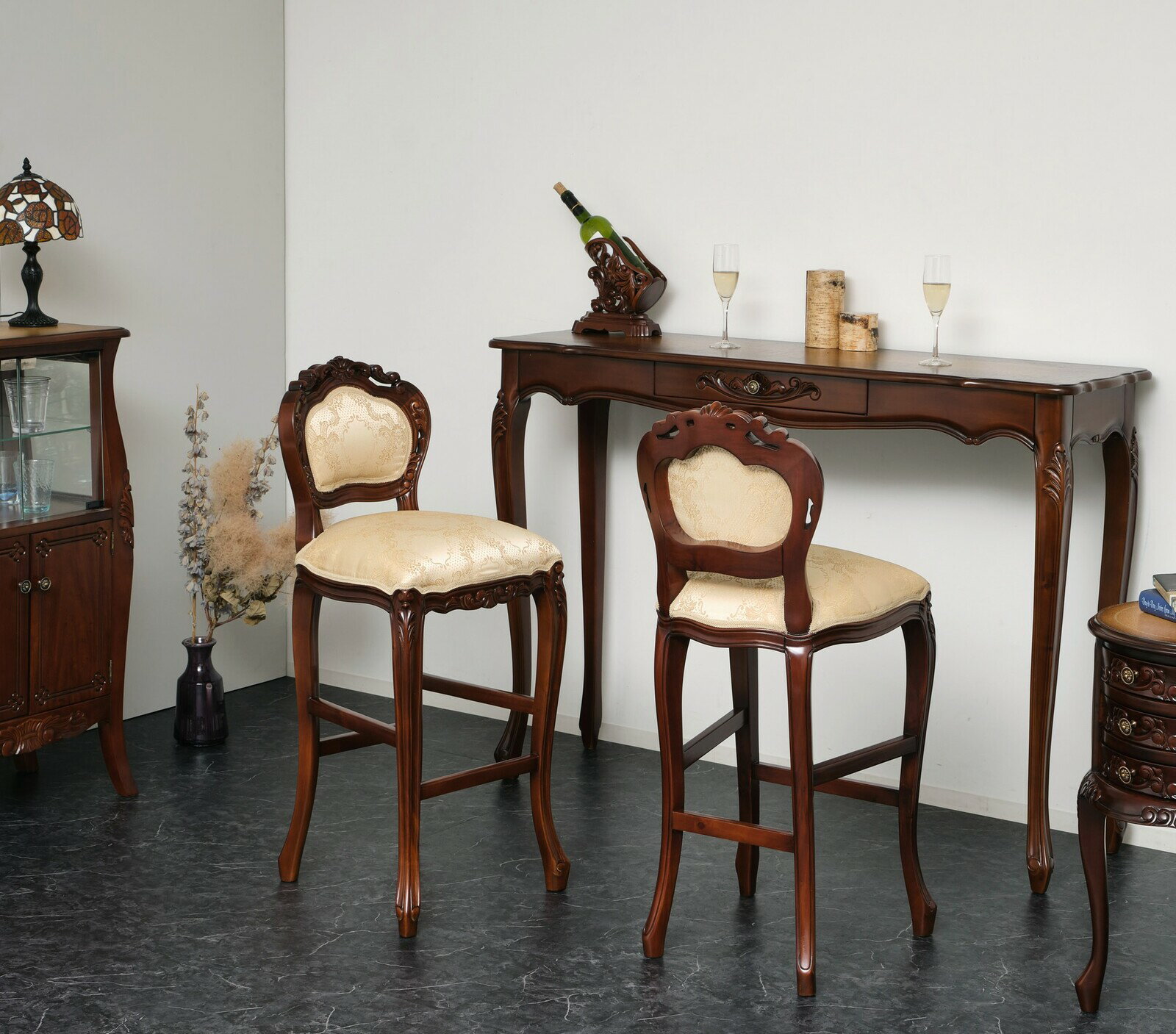 フランシスカ バーチェア ブラウン 完成品 木製 高級感 おしゃれ アンティーク 猫脚 クラシック カウンターチェア イス ハイチェアー 椅子