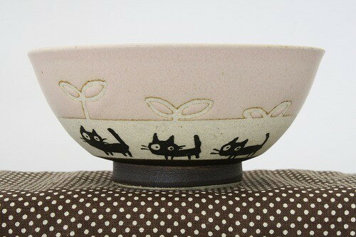 黒ネコ 飯碗（ピンク） 3点セット 日本製 お椀 お茶碗 国産 おしゃれ かわいい 贈り物 ギフト プレゼント レトロ 和モダン 和風 和食器 陶器 シンプル