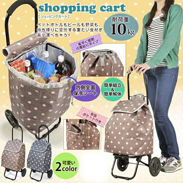 送料無料 保冷機能有り お買い物に便利なショッピングキャリーカート ドット柄 キャリーケース キャリーバッグ お買い物バッグ 保冷バッグ 折りたたみ コンパクト おしゃれ チャコールグレー ブラウン