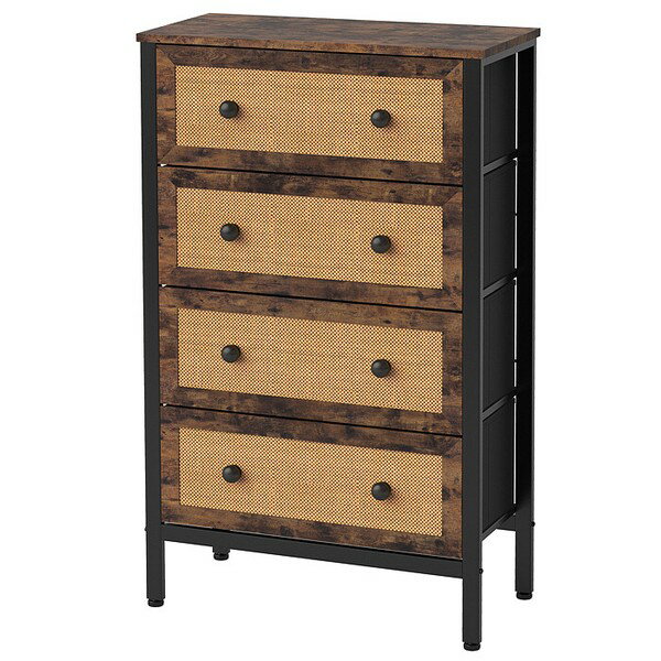 チェスト 4段 幅62 ラタン風 ボックス 天板にも置ける 木製取っ手 スチールフレーム アジャスター付き ..