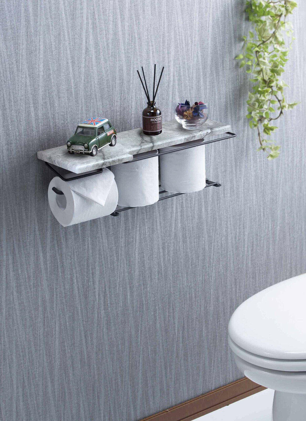 コミットアンド楽天市場店のトイレットペーパーホルダー大理石柄 ストックタイプ トイレットペーパー置き 壁掛け ヴィンテージ 収納付き 棚付き タオル掛け｜アングル3