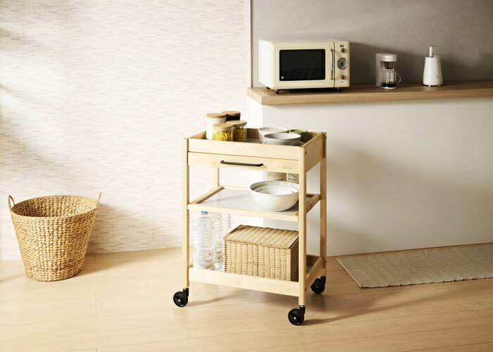 トレーワゴン 3段 幅60cm 引出し付き キッチンワゴン 木製 キッチントレー 取っ手 ブラウン ナチュラル レトロ キャスター付き 配膳 台所ワゴン シンプル 天然木 北欧 アジアン 和モダン ベッドサイド ソファサイド ベッド横 ソファ横 デスクサイド デスク横 [2]