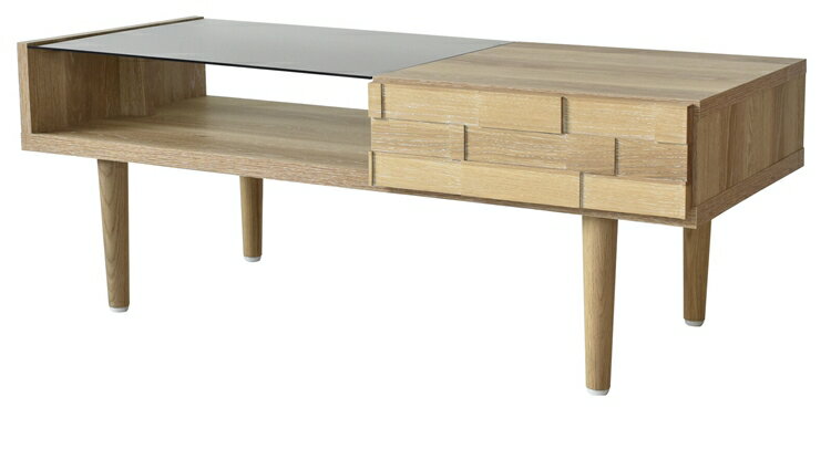 カヤーニ リビングテーブル センターテーブル 収納 引き出し ローテーブル オーク無垢材 木製 ガラス ..