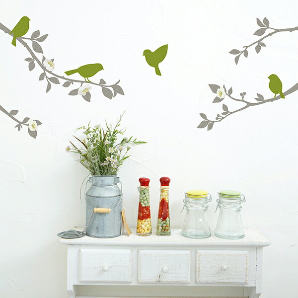 ウォールステッカー「梢に鳥のさえずり」A4 フチなし 転写 おしゃれ インテリア 鳥 植物 花 壁傷 汚れ隠し インテリア キッチン リビング 子供部屋 トイレ 壁紙 壁シール かわいい 北欧 送料無料