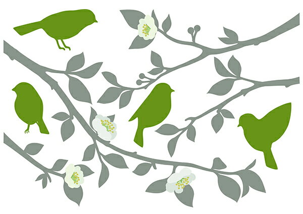 ウォールステッカー「梢に鳥のさえずり」A4 フチなし 転写 おしゃれ インテリア 鳥 植物 花 壁傷 汚れ隠し インテリア キッチン リビング 子供部屋 トイレ 壁紙 壁シール かわいい 北欧 送料無料