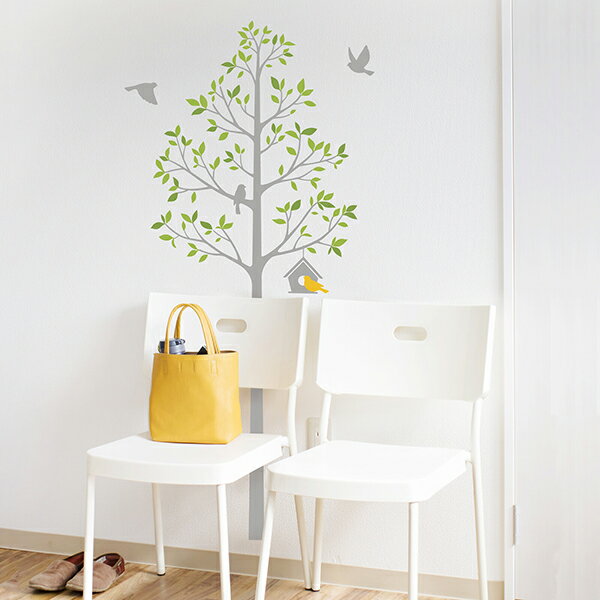 ウォールステッカー「庭にバードハウス グレー」大判 1m フチなし 転写 おしゃれ 植物 鳥 木 壁傷 汚れ隠し インテリア キッチン リビング 子供部屋 トイレ 壁紙 壁シール かわいい 北欧 送料無料