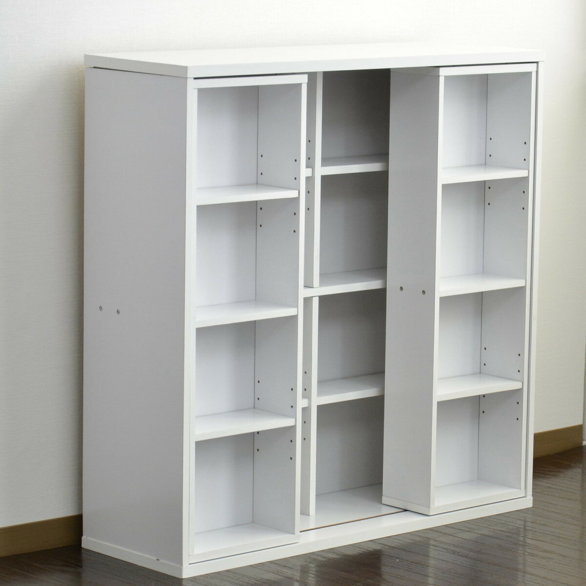 送料無料 ダブルスライド 書棚 本棚 コミック DVD CD 収納 90cm幅 ホワイト 大容量 スリム コミックラック マガジンラック 収納 ラック 木製 CD DVDラック おしゃれ