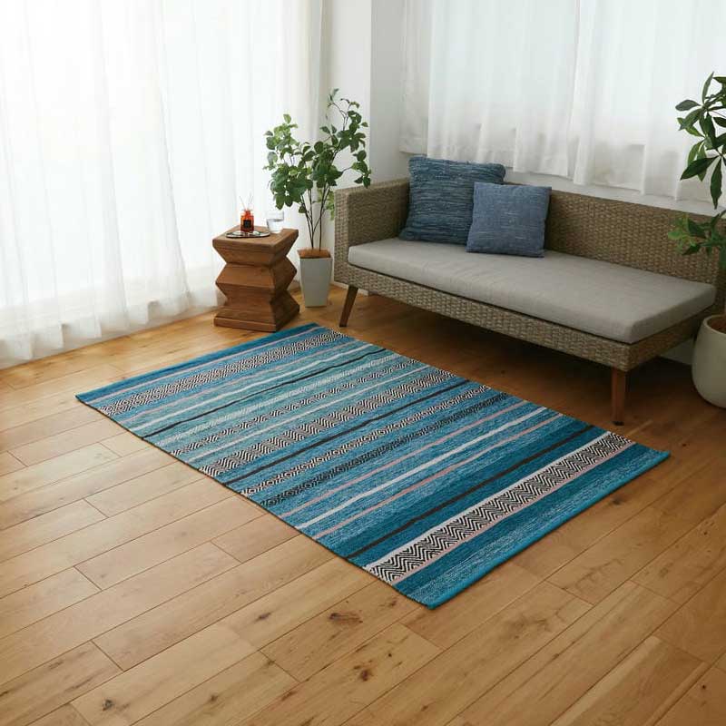 Character Pattern - ラグマット 120x170cm ブルー アレーナチェスカ カーペット エスニック 洗える 総柄 おしゃれ レトロ アジアン 一人暮らし インテリアマット 和モダン 和風 リビング 長方形