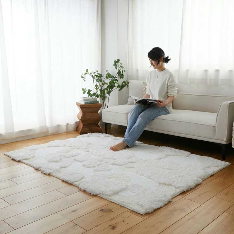 可刷洗地毯 - リビングラグ ラムル 100x150cm 洗える 洗濯機対応 滑り止め ホットカーペットカバー ウォッシャブル ラグカーペット ホワイト系 立体感 おしゃれ 北欧 カントリー 高級感 かわいい インテリアマット 白色 長方形 リビングカーペット 一人暮らし ヨーロピアン