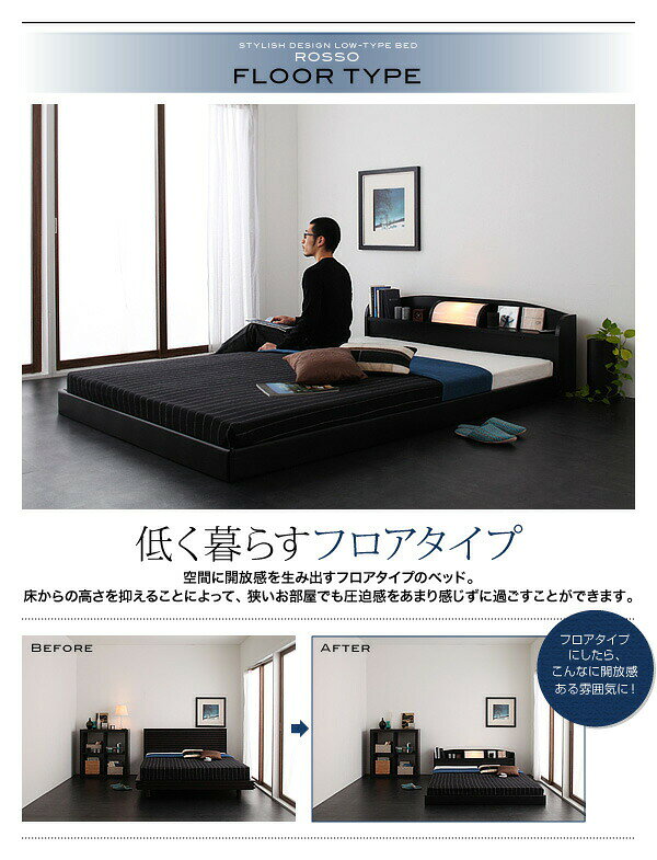 ベッド ダブル マットレスセット 照明付き 棚付き ポケットコイルマットレス付き ローベッド ベッド丈195cm ダブルベッド マット付き ロースタイル (ROSSO ロッソ) 送料無料 [3]