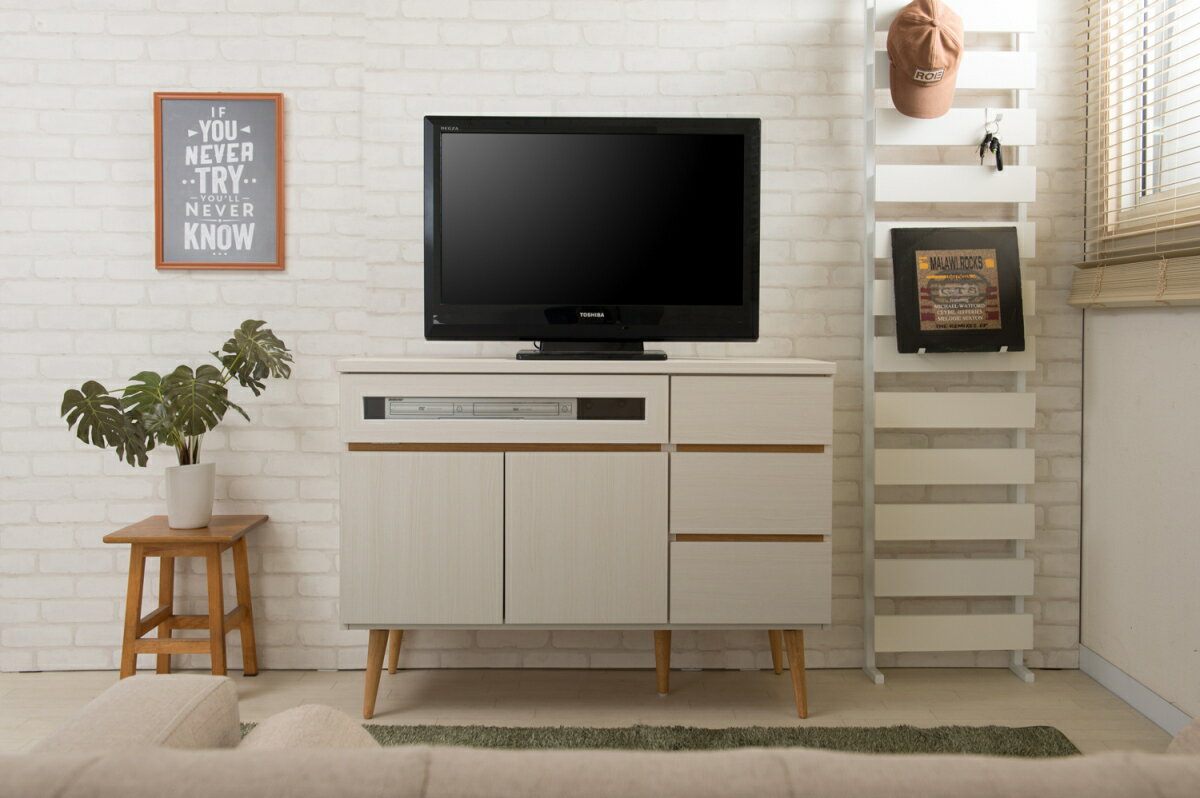 脚付きテレビキャビネット 幅110 完成品 国産 TVボード TV台 テレビ台 収納 木製 棚 おしゃれ ローチェスト 引き出し リビングキャビネット チェスト 扉付き 電話台 FAX台 北欧家具 ホワイト 白 送料無料