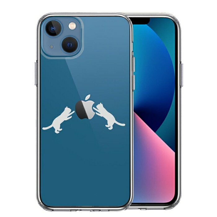 乐天商城 - 単品 iPhone13 側面ソフト 背面ハード ハイブリッド クリア ケース にゃんこ りんご 取り合い 薄いグレー 送料無料
