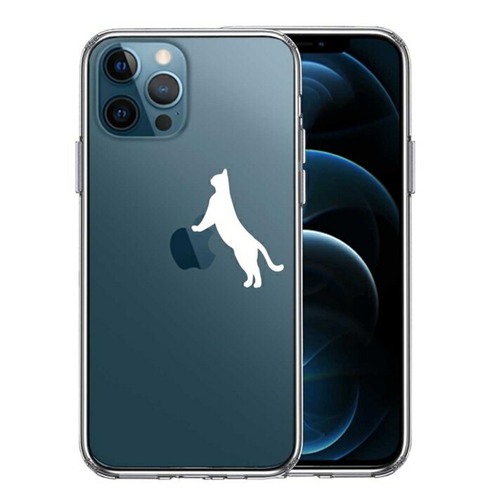 単品 iPhone12 Pro 側面ソフト 背面ハード ハイブリッド クリア ケース ねこ 猫 リンゴで伸び ホワイト